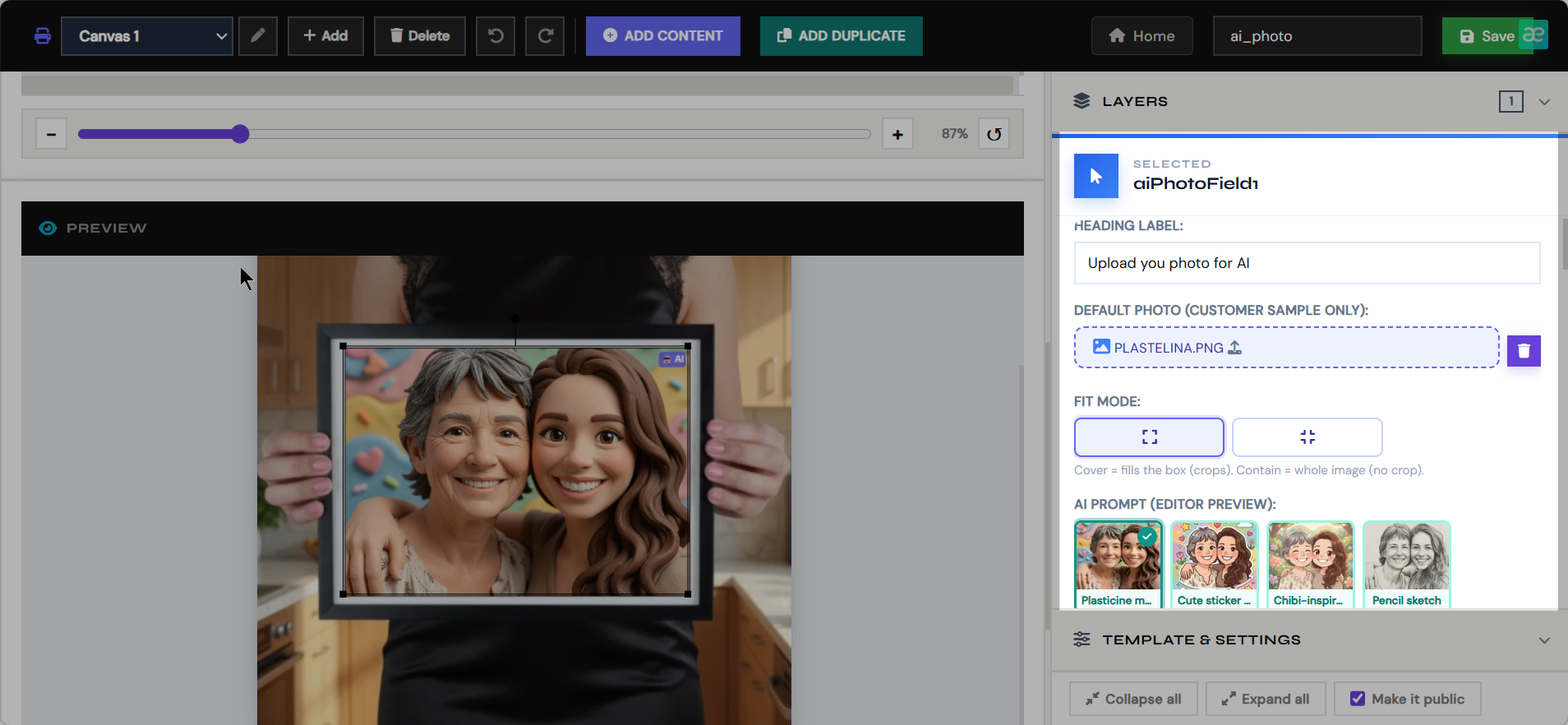 Choose model, quality, aspect ratio, and sample photo