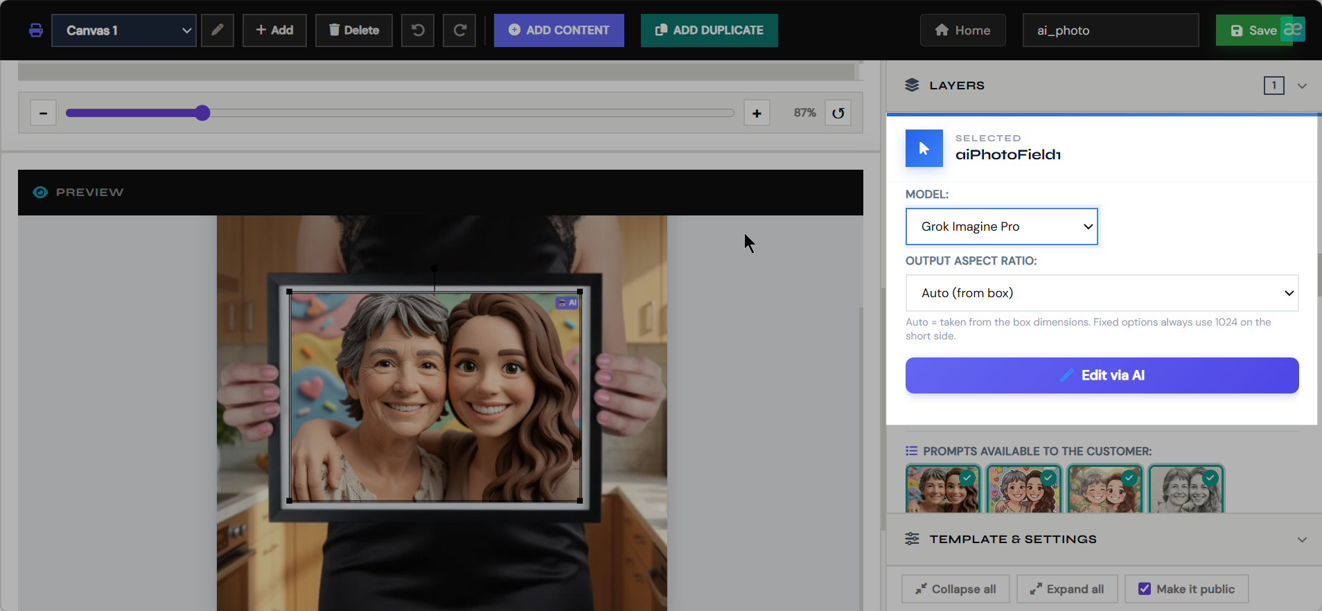 Choose AI model and output aspect ratio