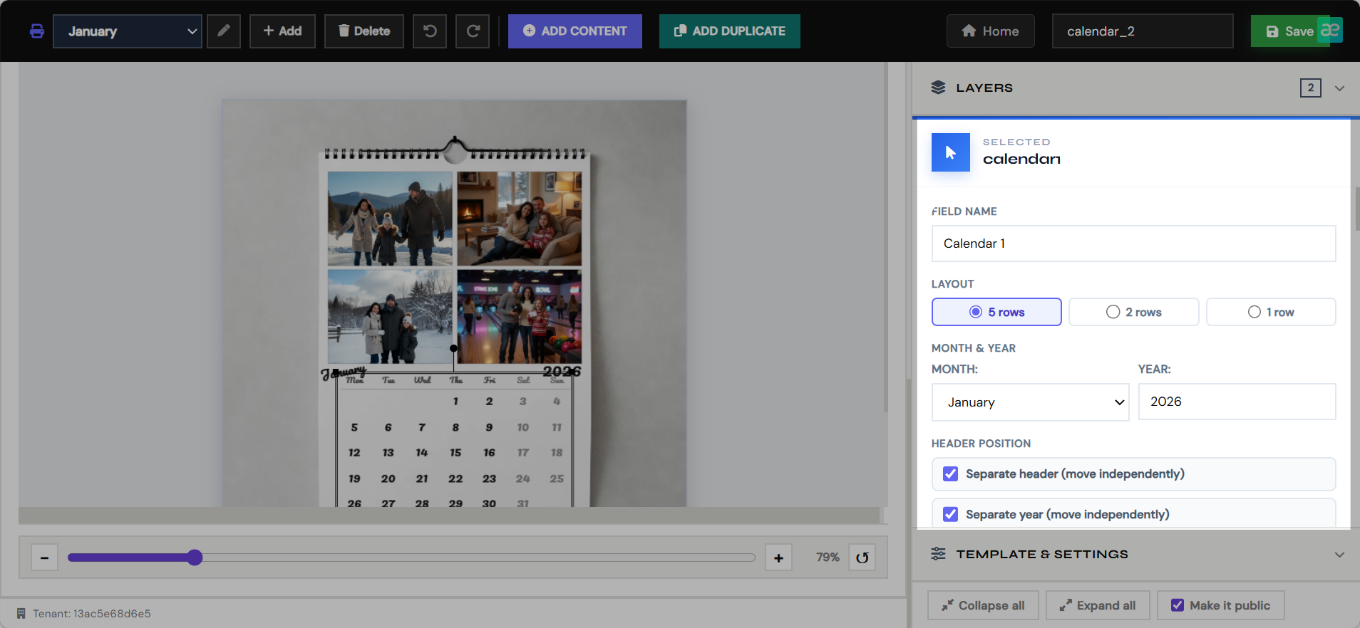 Choose calendar layout, month, year, and separated parts
