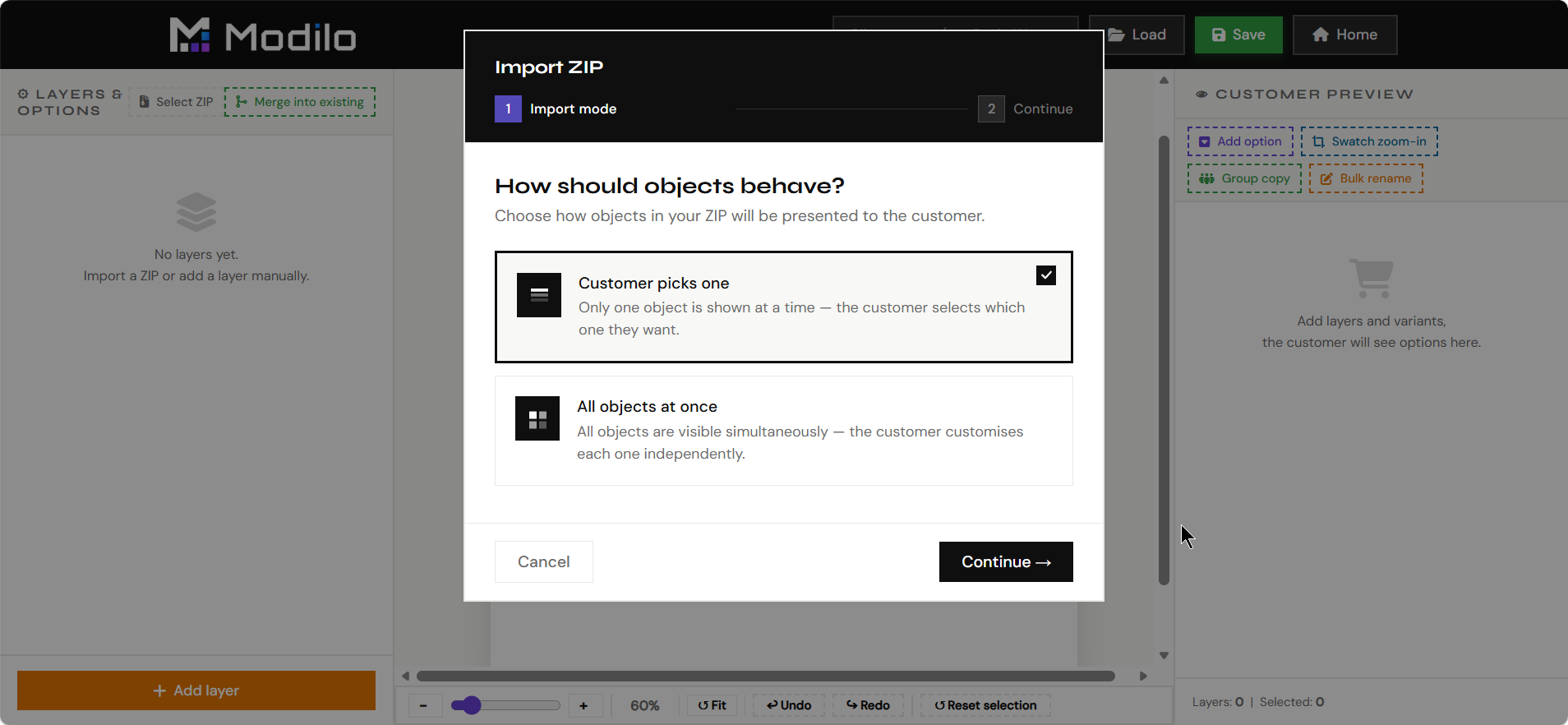 Clipart ZIP import mode dialog