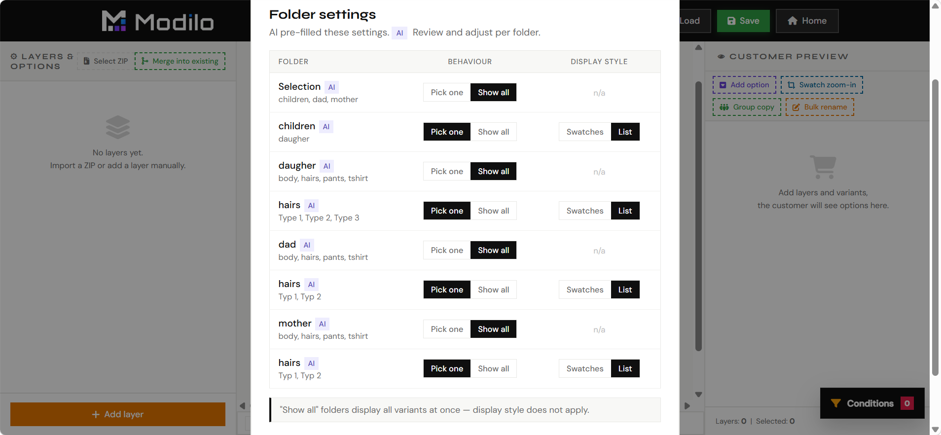 Clipart ZIP folder settings