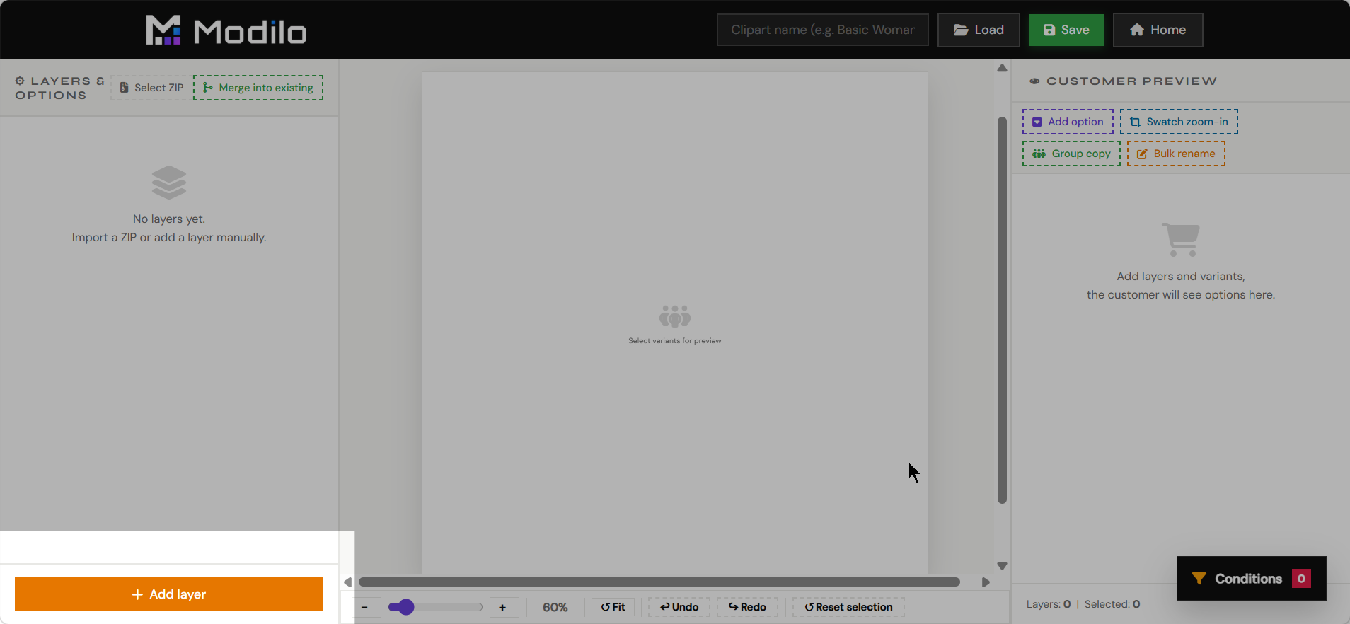 Empty Clipart editor before manual import