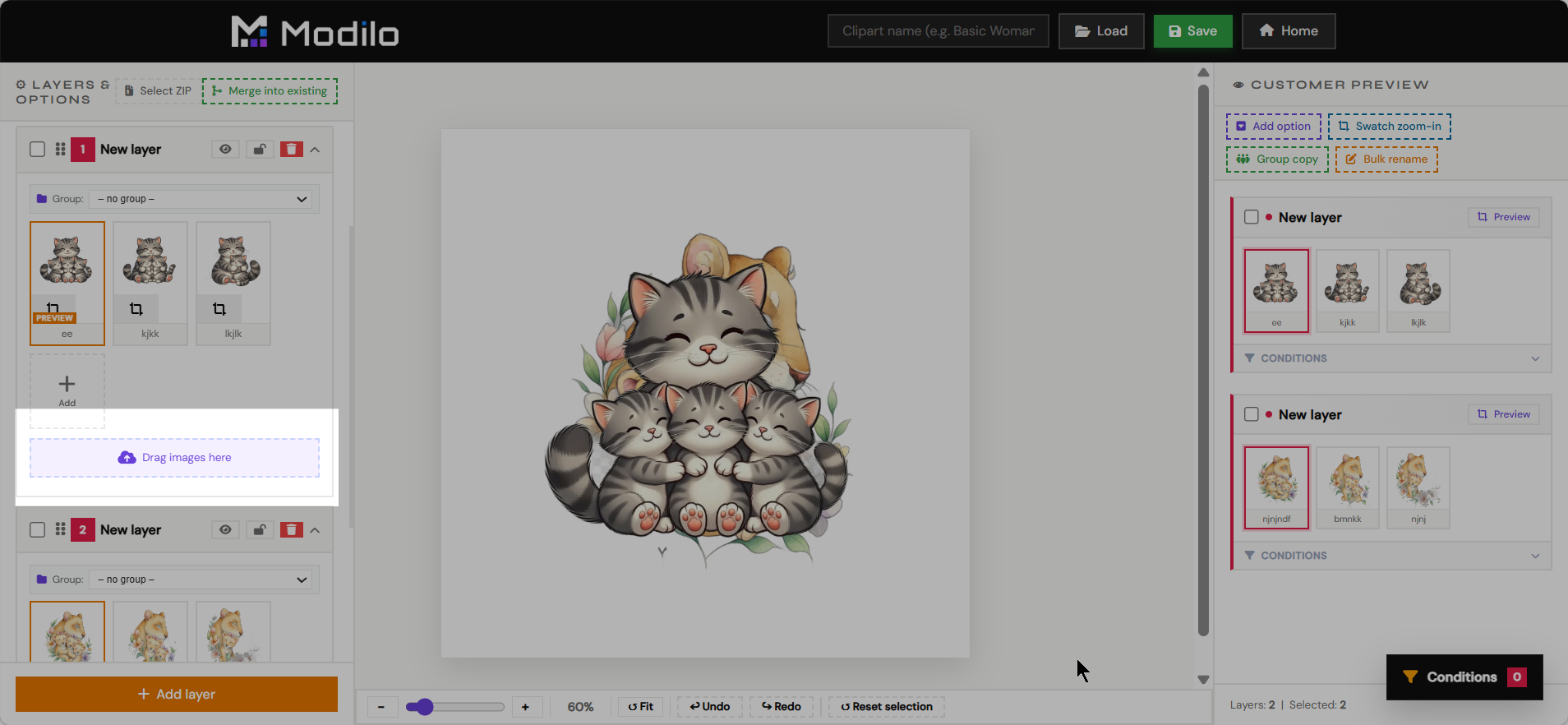 Manually added clipart layers with dragged images