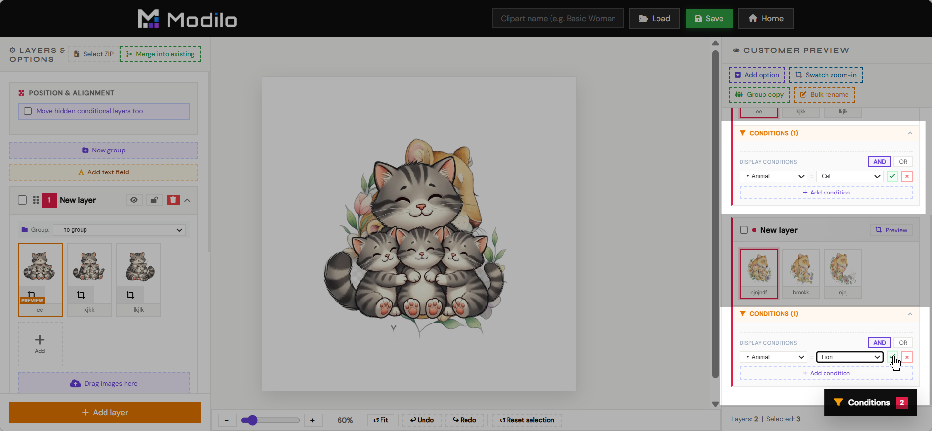 Layer display conditions set to Animal equals Cat and Animal equals Lion