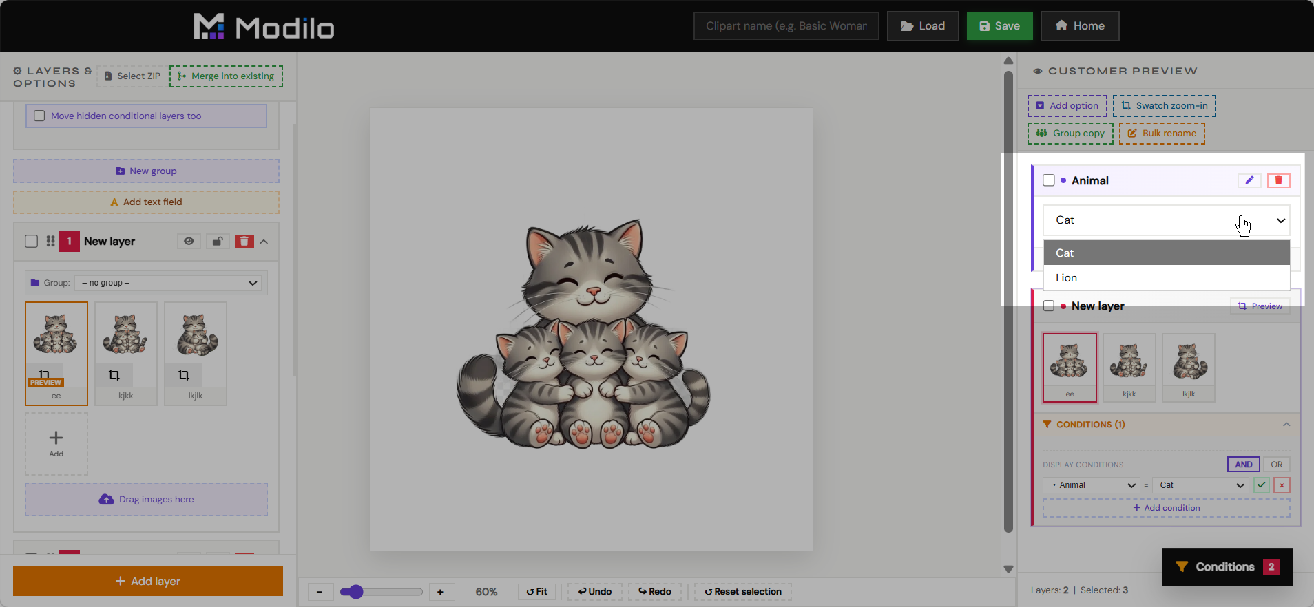 Animal dropdown opened with Cat and Lion options