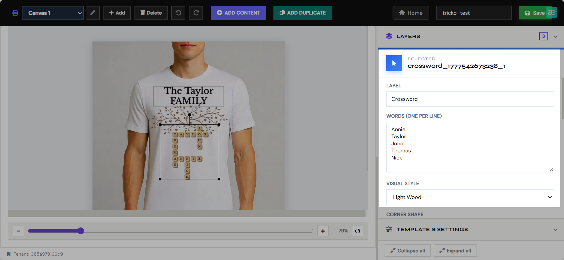 Enter crossword words and choose visual style