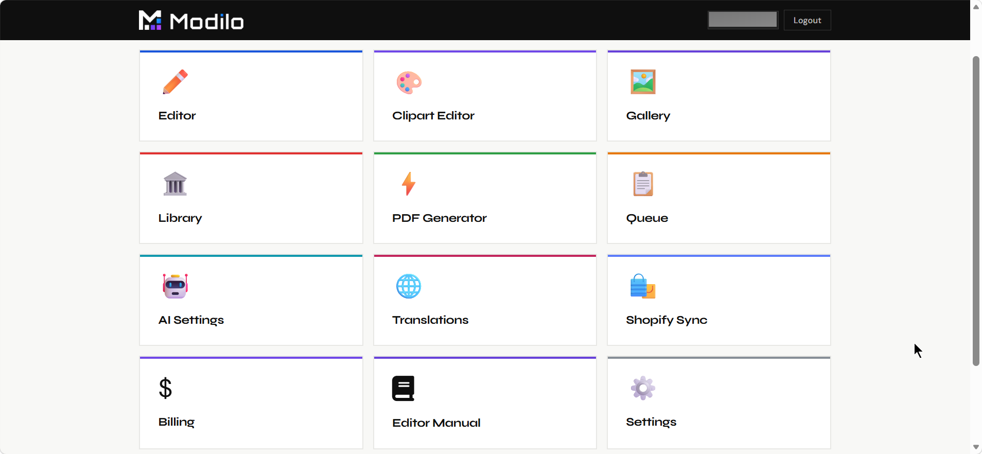 Dashboard main navigation tiles