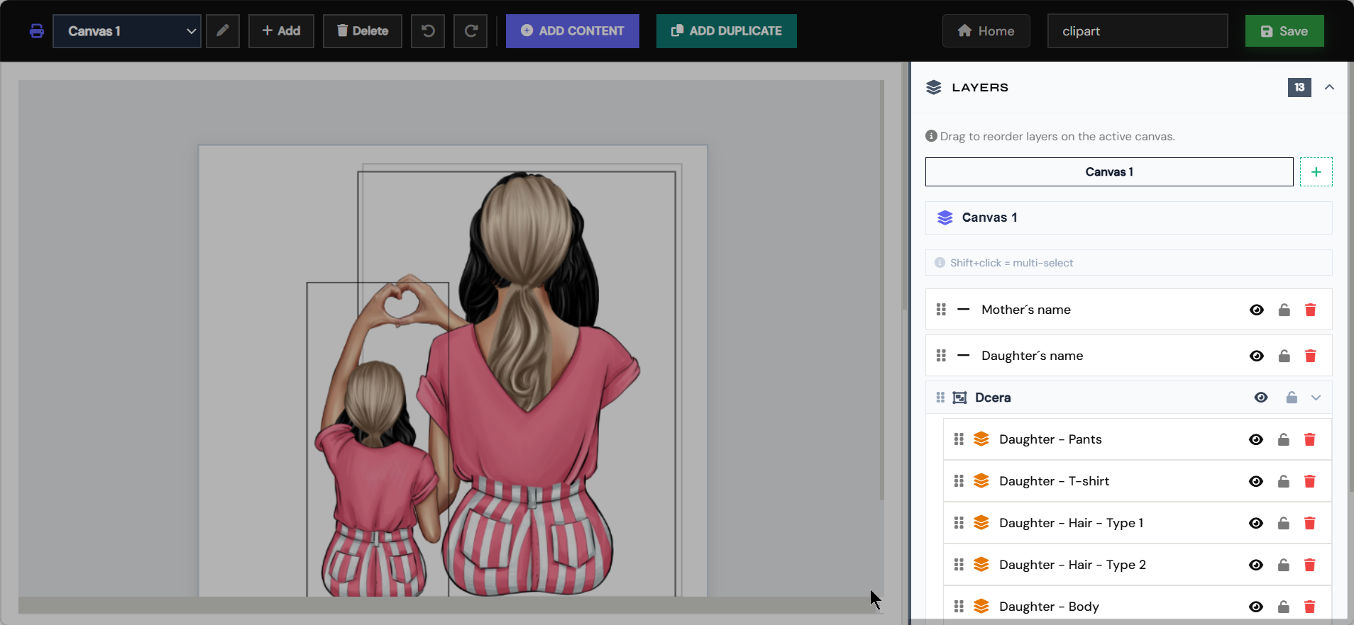 Layers panel with ordering, visibility, locks, and groups