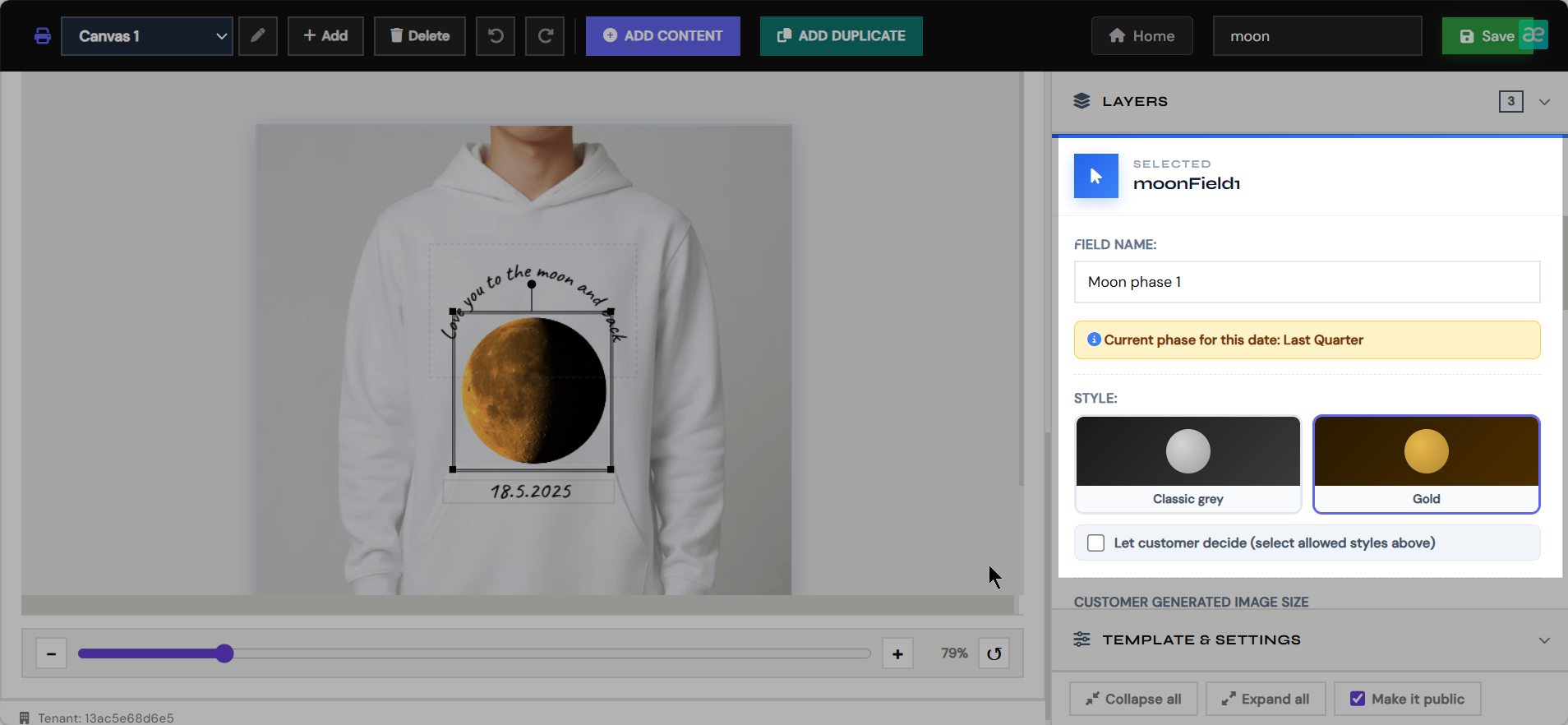 Choose moon style and allowed customer styles