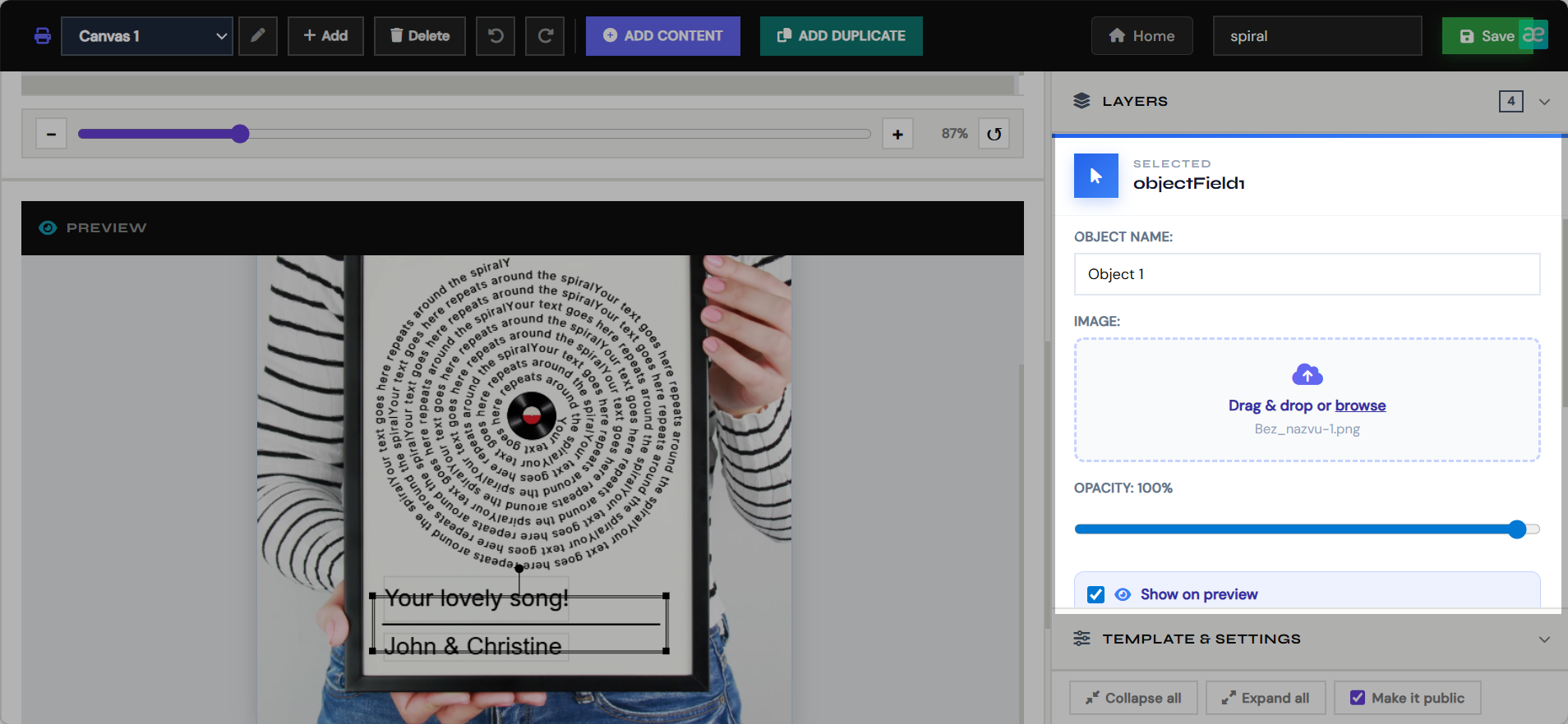 Upload object image and set preview visibility