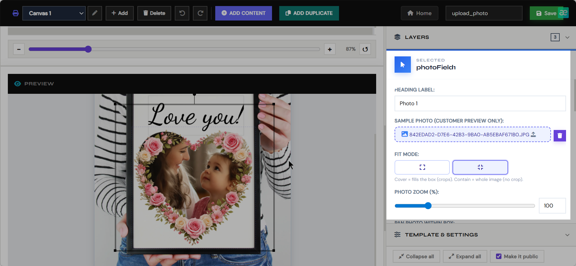 Set the customer photo label and sample photo