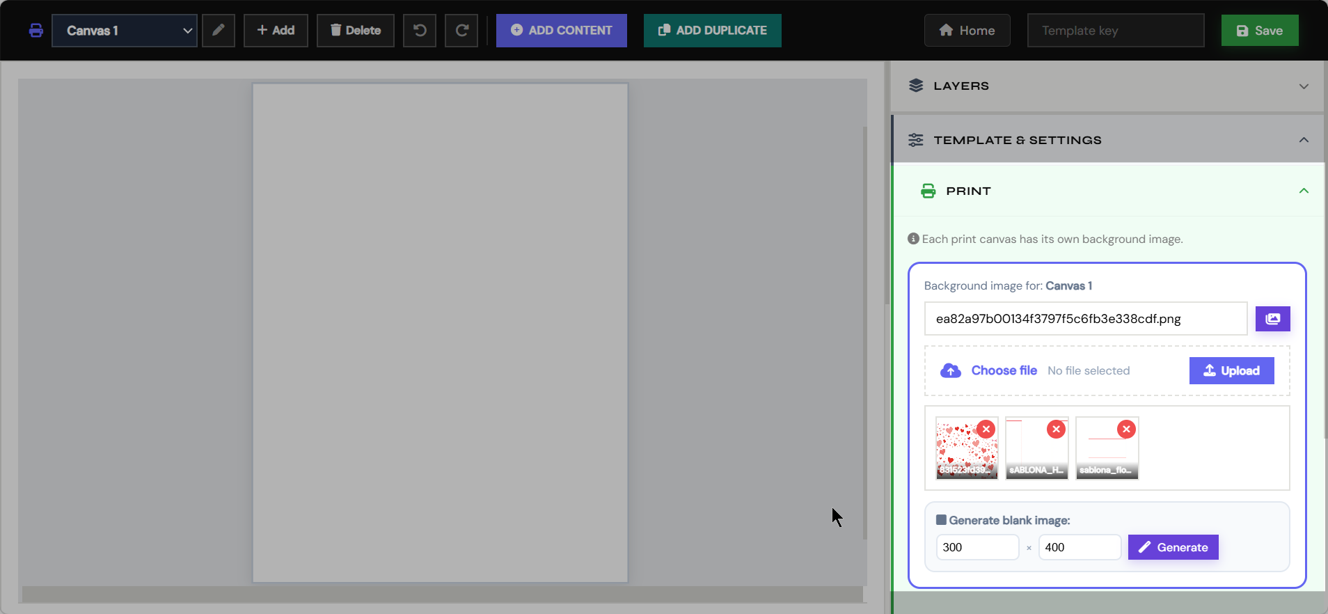 Change print canvas later in Template and Settings