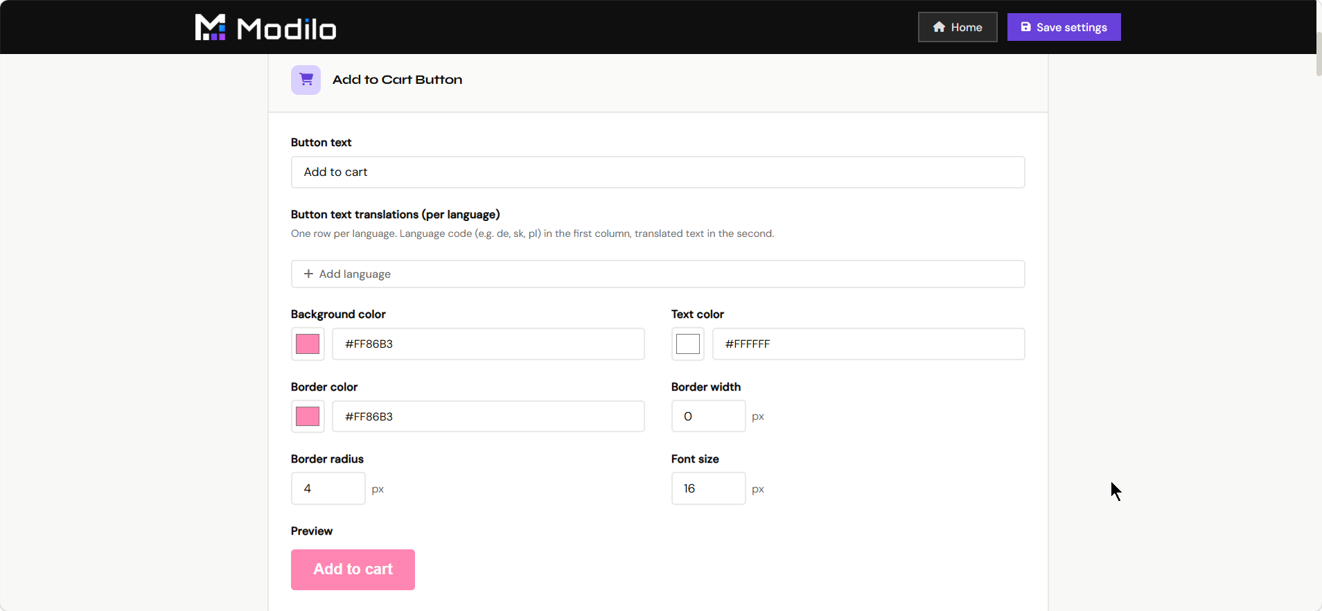 Add to Cart button settings
