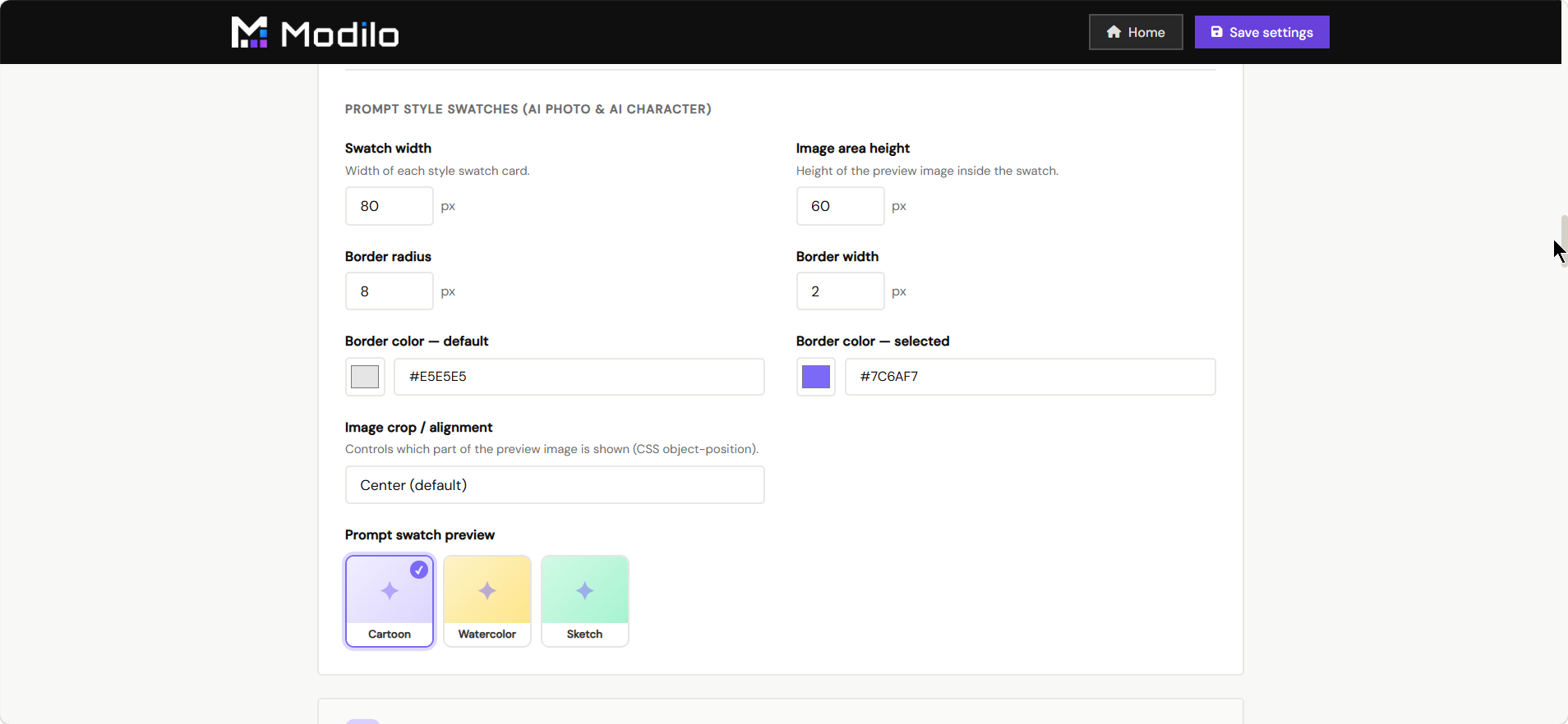 Prompt style swatch settings