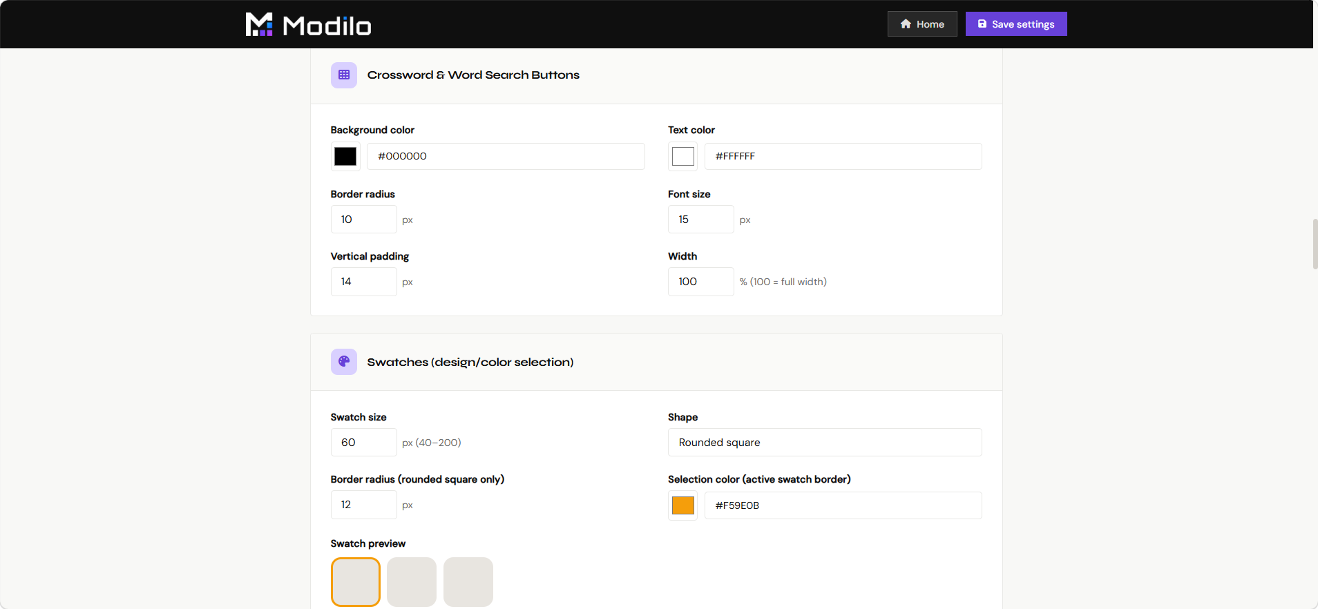 Crossword Word Search and dynamic swatch settings