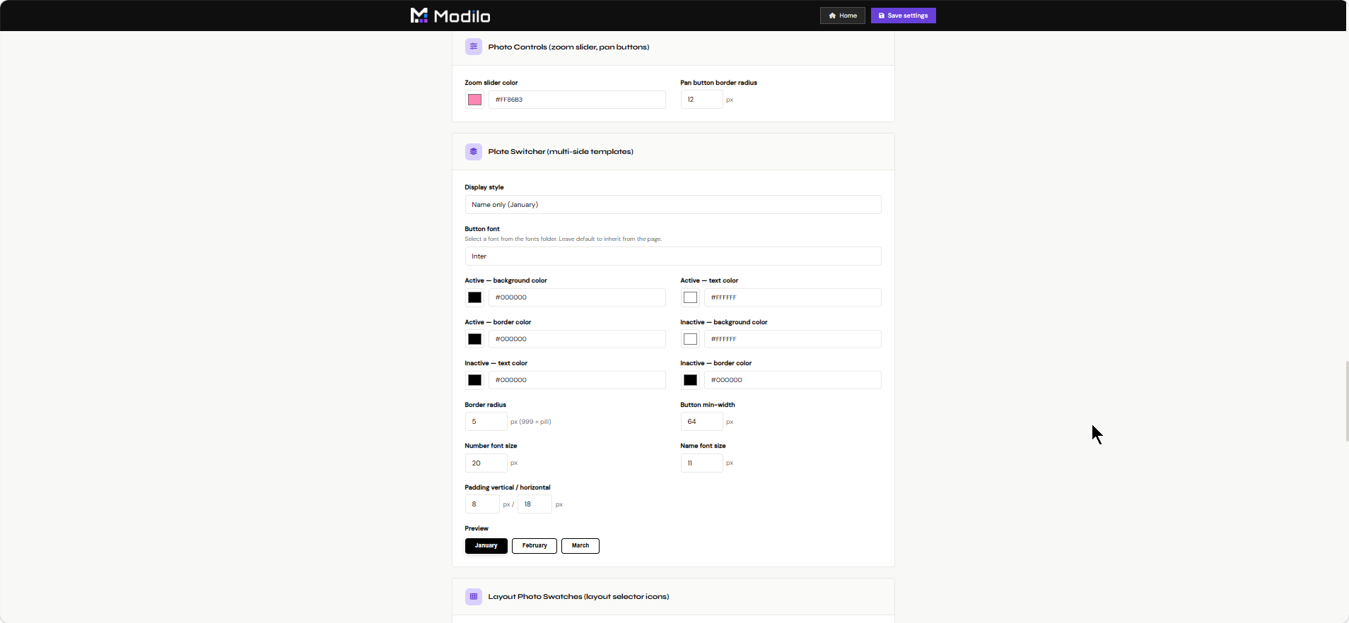 Photo controls and plate switcher settings