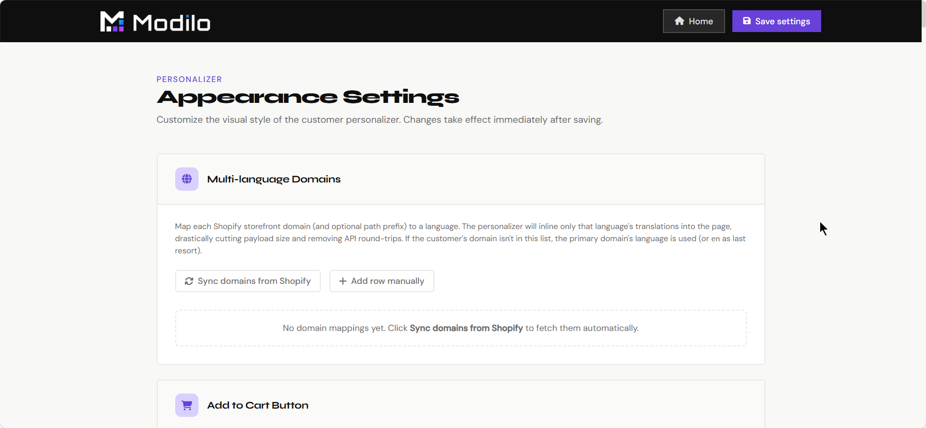 Appearance Settings with multi-language domains