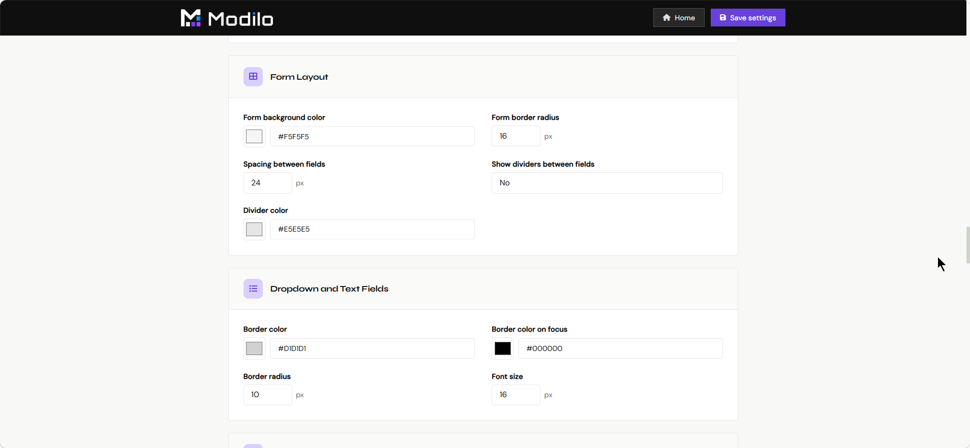Form layout and dropdown text field settings