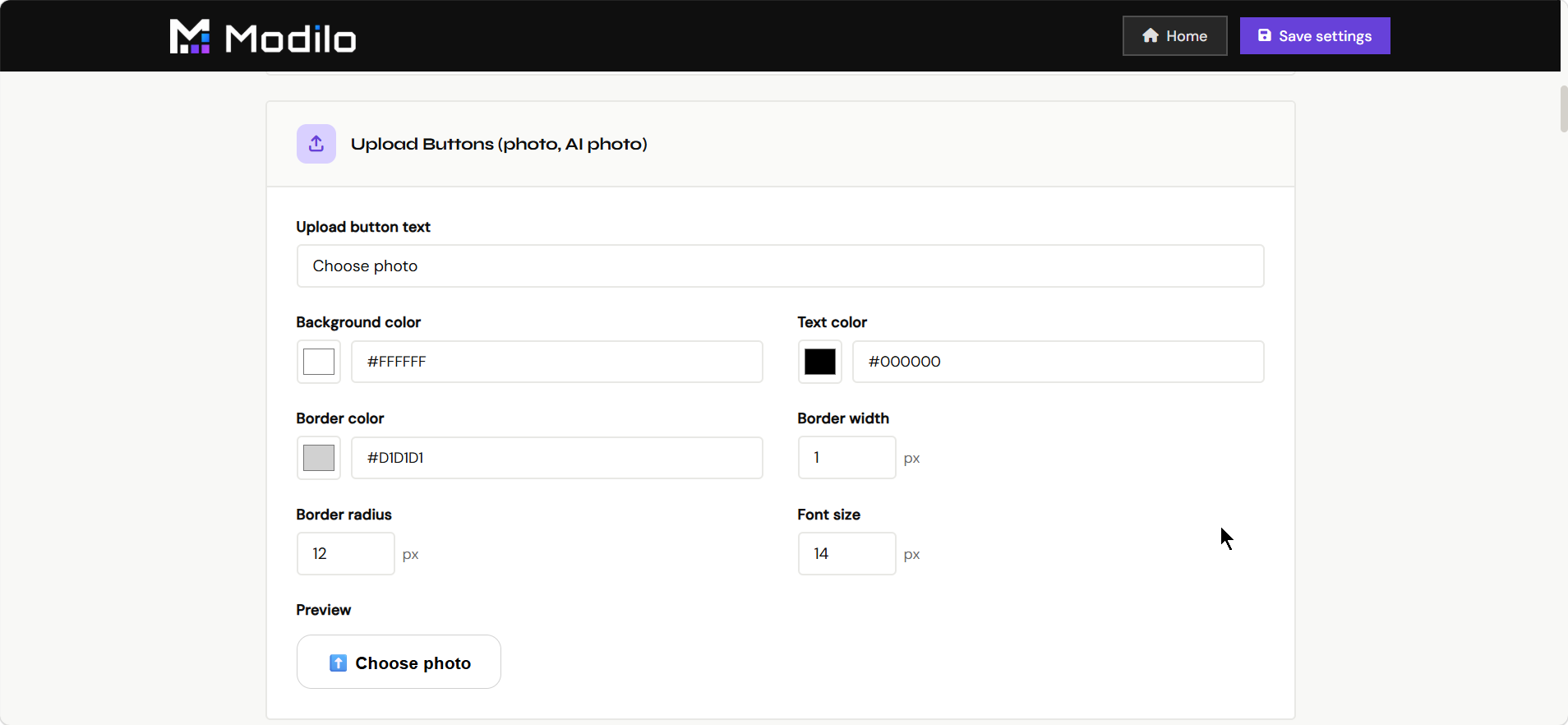 Upload button settings