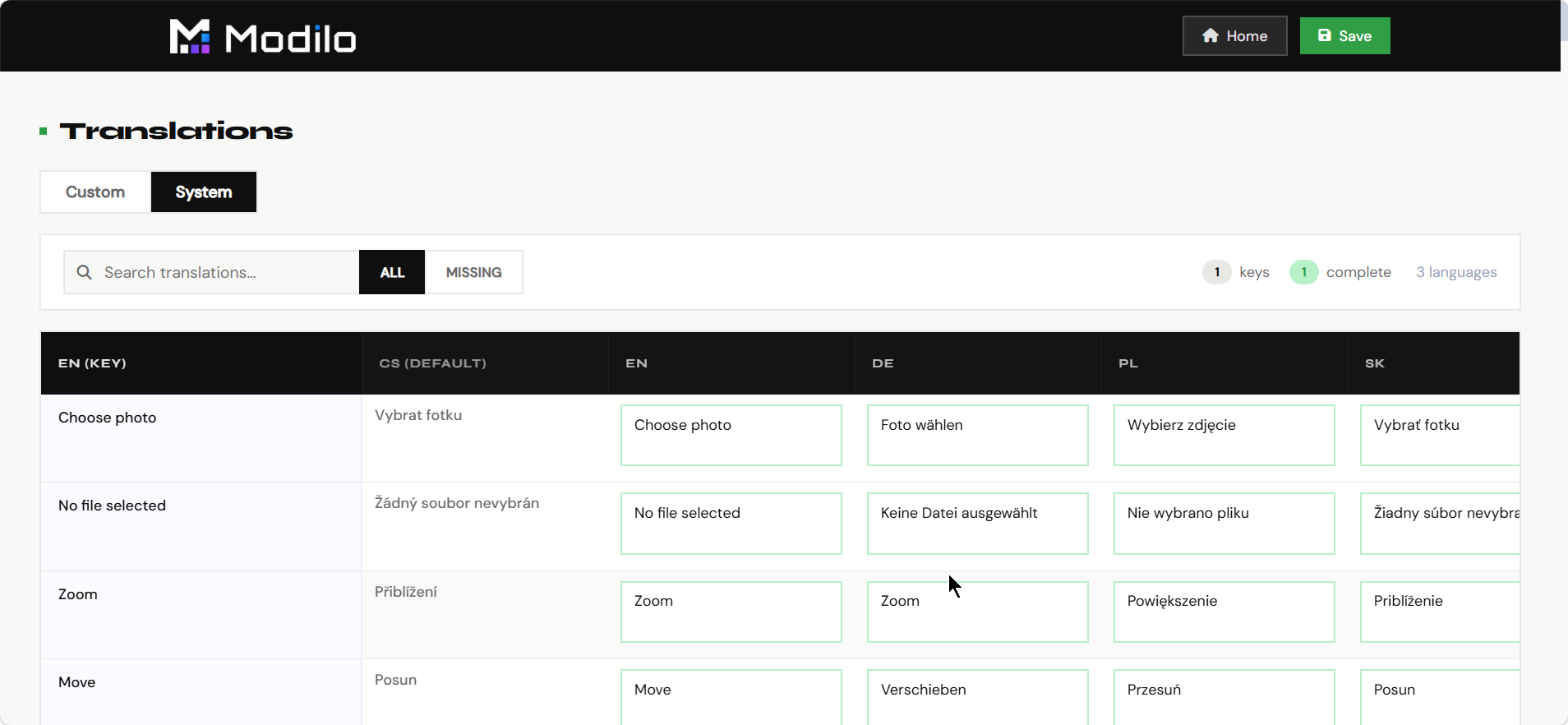 System translations table
